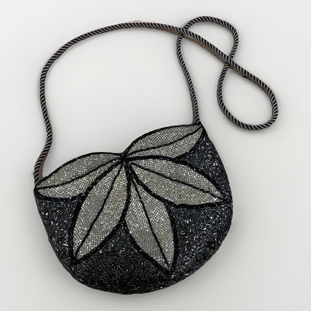 Vintage 80’s 90's Black Gray Flower Art Deco Beaded Shoulder Bag Purse Clutch